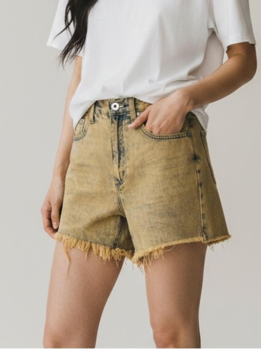 Pistola Acid Yellow Wash Frayed Hem Denim Shorts